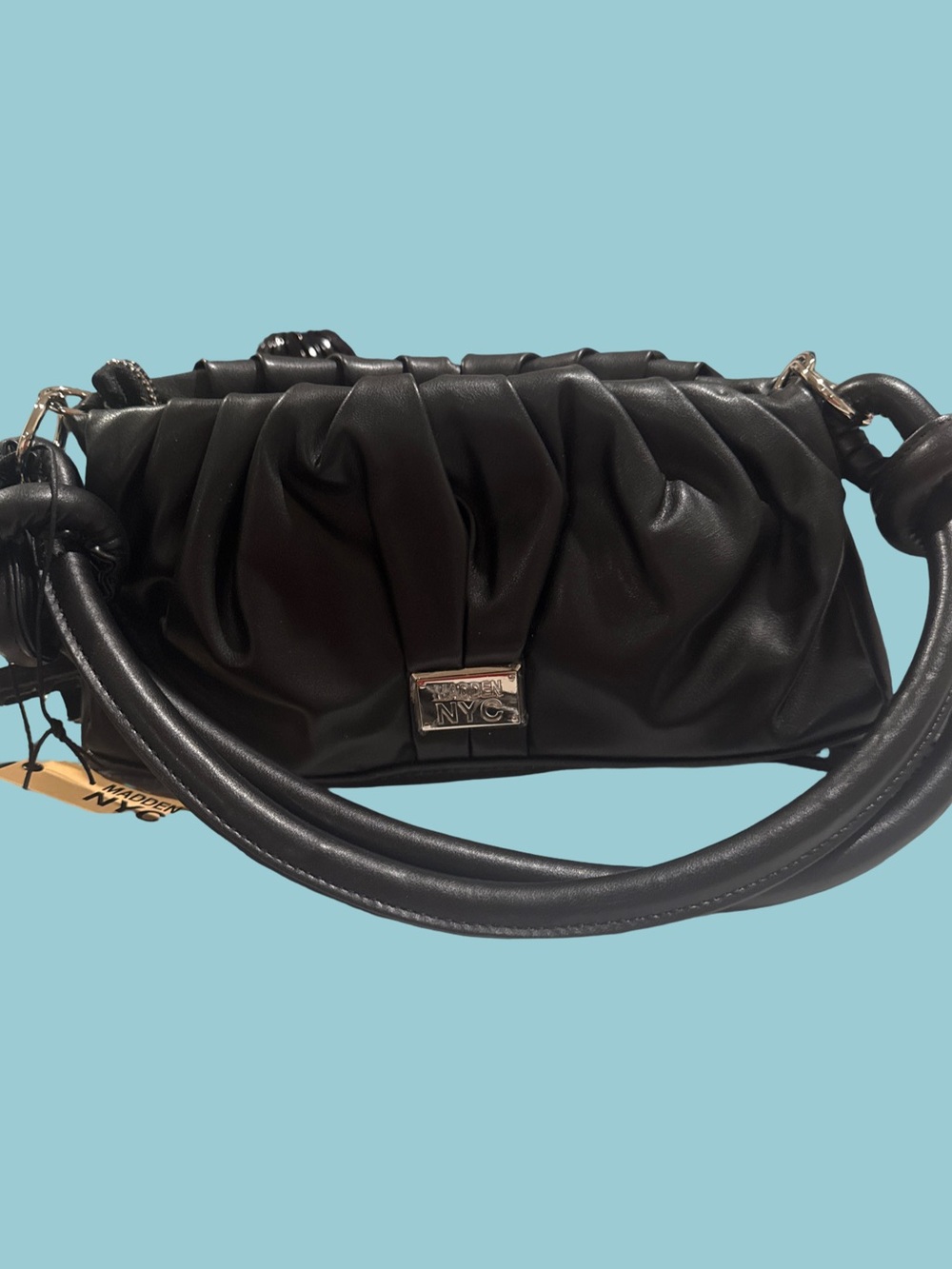 NYC Black Ruched Leather Shoulder Bag